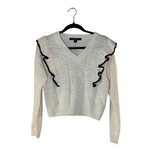 Marc New York Cream V-Neck Sweater with Black Ruffle